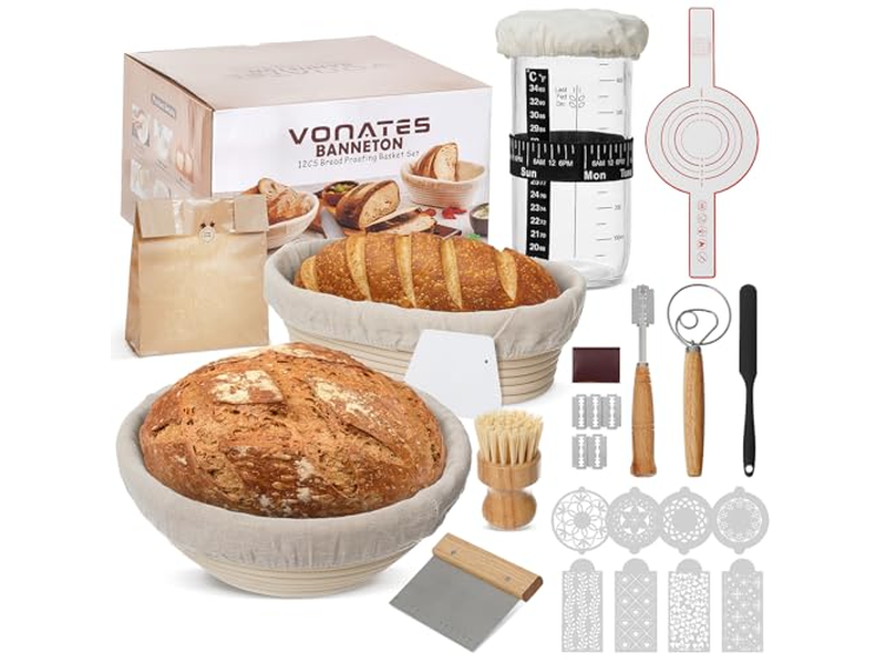 سلة خبز الروطان مع غطاء وبطانة أداة تخمير العجين المخمر