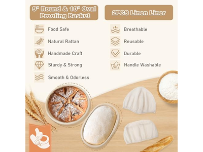 سلة خبز الروطان مع غطاء وبطانة أداة تخمير العجين المخمر